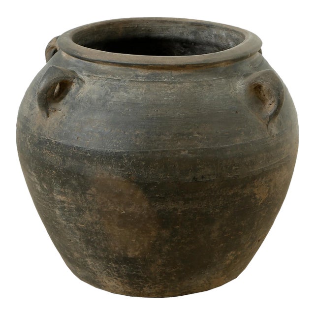 Early 20th Century Vintage Gray Ceramic 10" Water Vase With Four Handles For Sale