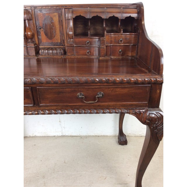 Vintage Walnut Chippendale Style Open Front Writing Desk With Brass Hardware For Sale - Image 13 of 18