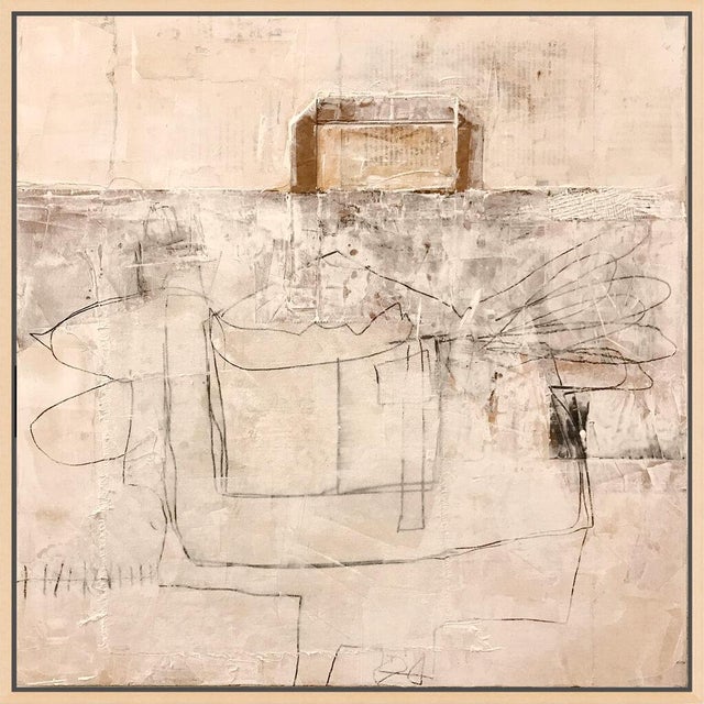 A subtle, textured field of warm cream and beige is crossed by delicate graphite lines that sketch a table or vessel,...