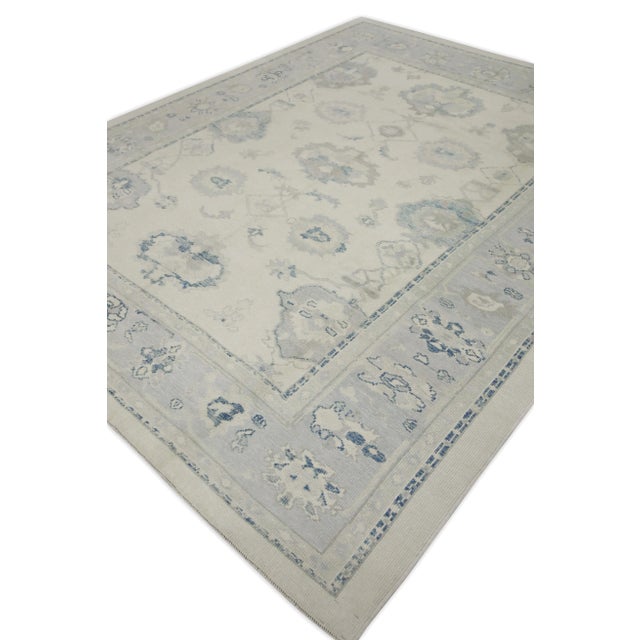 Early 21st Century Early 21st Century Cream & Blue Floral Design Handwoven Wool Turkish Oushak Rug 8'10" X 11'1" For Sale - Image 5 of 8