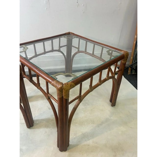 Wood 1970s High Style Bamboo, Rattan & Brass End Tables - A Pair For Sale - Image 7 of 11