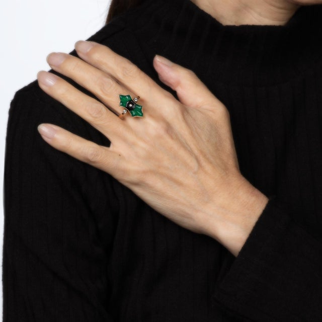 Vintage Art Deco Austrian Ring Chrysoprase Onyx Diamond Sz 7.75 14k Yellow Gold For Sale In Los Angeles - Image 6 of 7