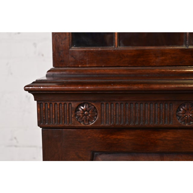 Baker Furniture Georgian Monumental Carved Flame Mahogany Breakfront Bookcase Cabinet, Circa 1960s For Sale - Image 9 of 14