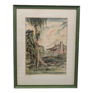 Mid-Century Framed Johnny Donnels “Louisiana Bayou Plantation Scene” Watercolor Painting