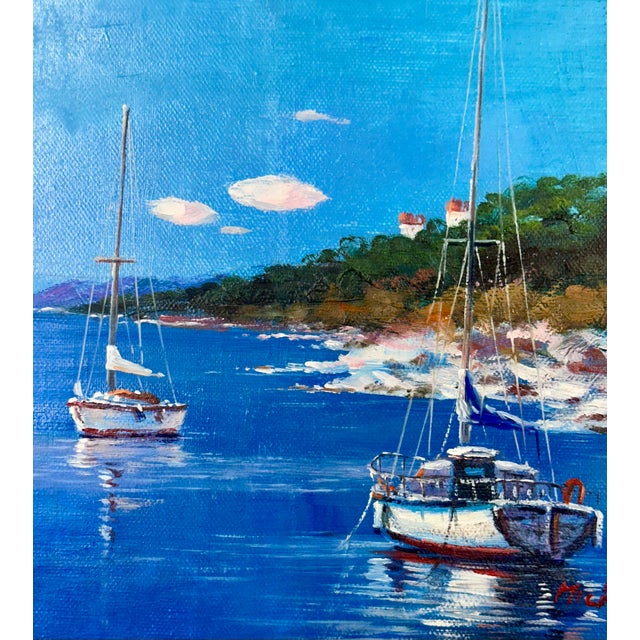 2010s Sailboat Seascape Cove Scene, Original Oil on Canvas For Sale - Image 5 of 6