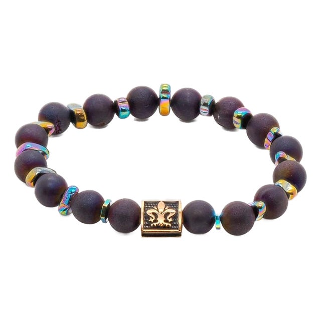 Fleur De Lis Purple Agate Beaded Bracelet For Sale