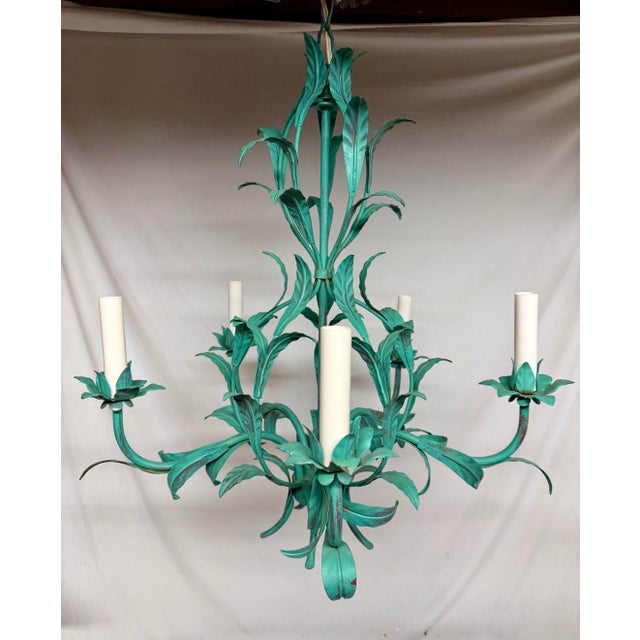 Italian Verdigris Finish Tole Chandelier with Five arms with new cream colored candle covers. 20.5" diameter X 44" long...