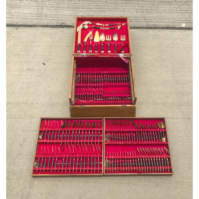 1950s 1950s Rosewood and Brass Siam Flatware Boxed Set - Service for 12, 144-Pieces For Sale - Image 5 of 12