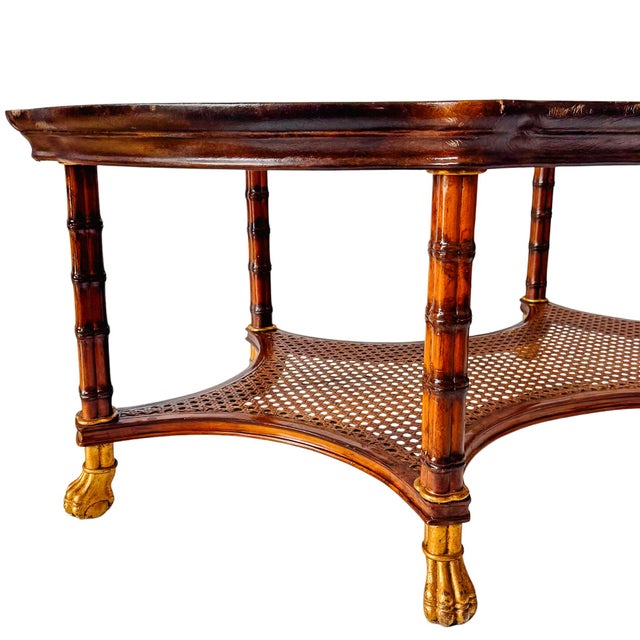 Late 20th Century Vintage Large English Regency Style Faux-Bamboo Coffee Table With Caned Tier & Gilt Lion Paw Feet For Sale - Image 5 of 13
