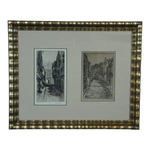 Late 19th Century Preston Cribb Cityscape Diptych Engravings Canterbury Cathedral New Inn, Framed