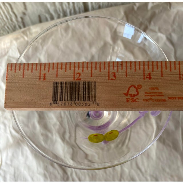 Transparent Late 20th Century Hand Painted Martini Glasses with Olive & Fleur De Lis Design, Blue and Purple Stems - Set of 2 For Sale - Image 8 of 9