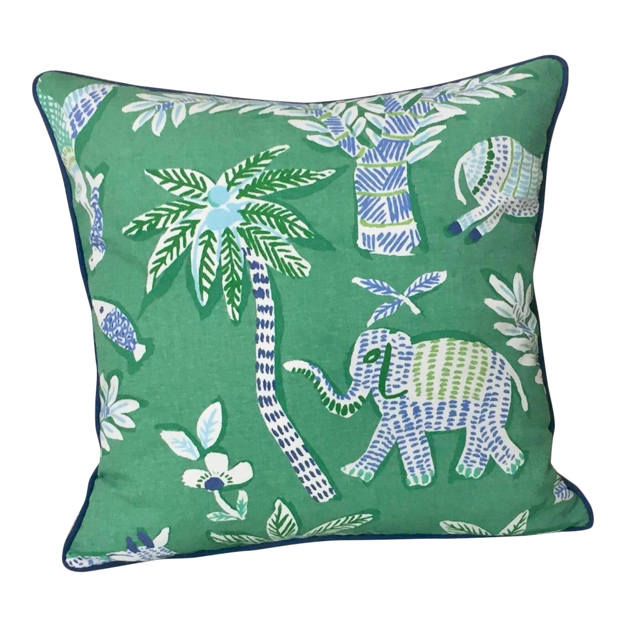 Thibaut Goa in Green Designer Pillow Cover With Marine Blue Linen