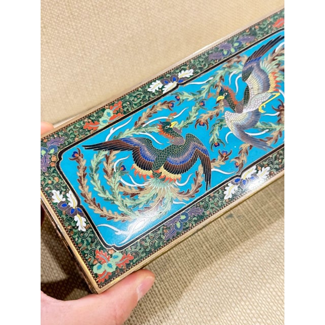 Japanese Exceptional Meiji Japanese Cloisonne Enamel Phoenix Dragon Box Signed Inaba For Sale - Image 3 of 15
