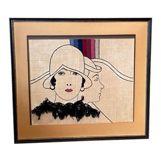 Vintage Framed Art Deco-Style Figural Embroidery With Embellishment For Sale