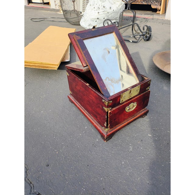 Antique Korean Joseon Dynasty Vanity Box | 19th Century Campaign Style Traveling Mirror Chest | Moody Dark Wood & Brass Relic For Sale - Image 9 of 9