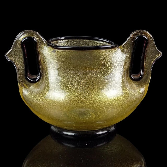 Beautiful, rare, vintage Murano hand blown gold flecks and dark purple trim Italian art glass ornate pierced handles vase....