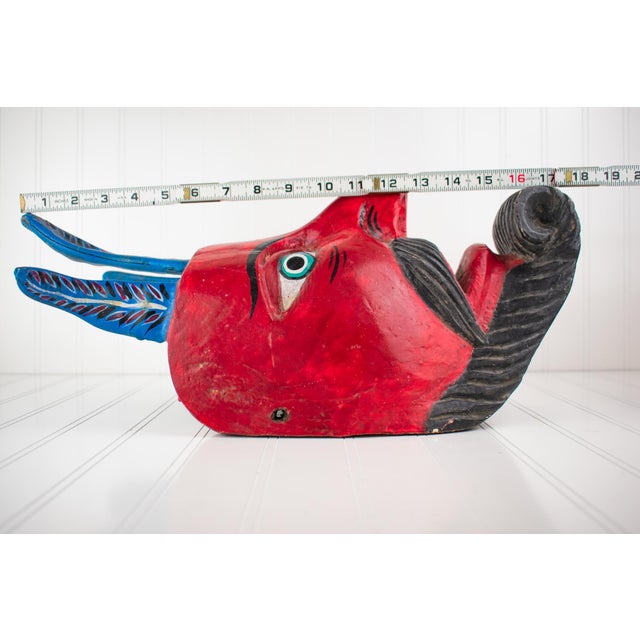 Large Vintage Hand Carved Red Diablo Costume Mask With Beard & Blue Feathers For Sale - Image 17 of 18
