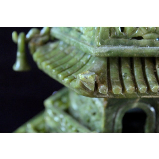 Vintage Chinese Jade Pagoda Sculpture – Hand-Carved Multi-Tier Celadon Green Temple Tower, Asian Feng Shui Decorative Stone Figurine on Red Wood Stand For Sale - Image 17 of 17