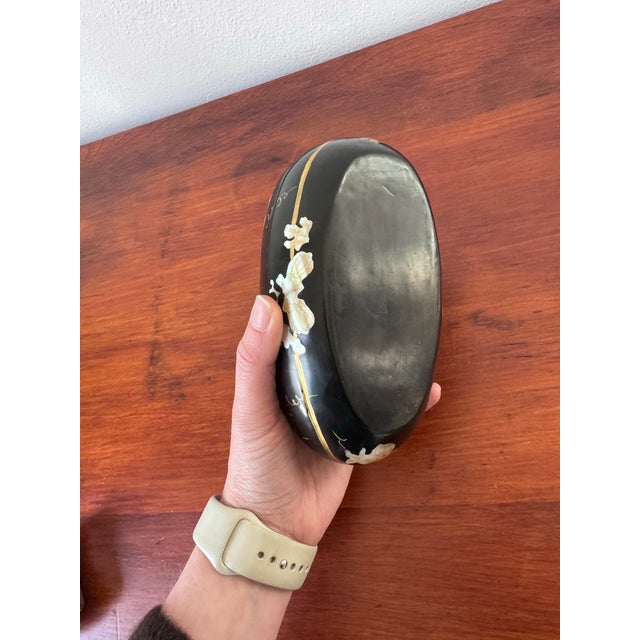 Shell Japanese Hand-Carved Melon Form Black Lacquer Box With Mother of Pearl Inlay For Sale - Image 7 of 12