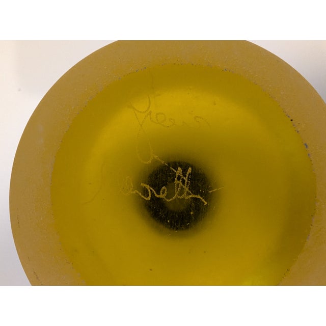 Yellow Signed Franco Moretti Vintage Scavo Murano Glass Bottle Yellow /Blue With Red Stopper For Sale - Image 8 of 8