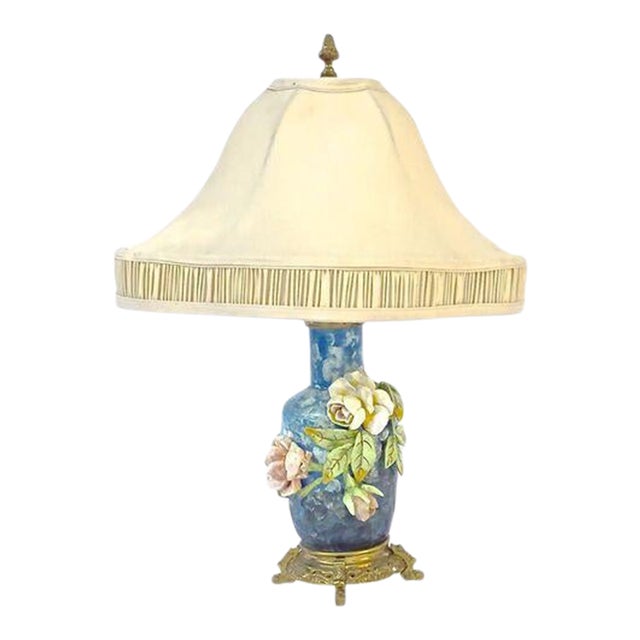Antique French Barbotine Majolica Floral Lamp For Sale