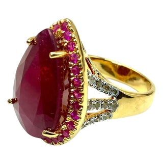Bochic "Capri" Vintage Natural Ruby & Diamonds Ring Set in 18K Gold & Silver For Sale