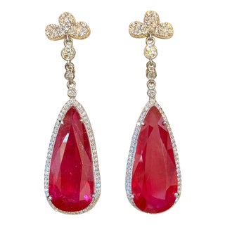 62 Ct Natural Pear Drop Pink Tourmaline & Diamond Cocktail Earring, 14 Kt Gold For Sale