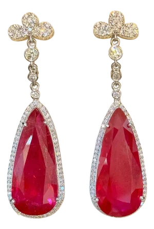 62 Ct Natural Pear Drop Pink Tourmaline & Diamond Cocktail Earring, 14 Kt Gold