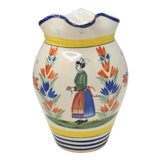 Antique Hand Painted France Henriot Quimper Faience Pottery Pitcher Jug For Sale