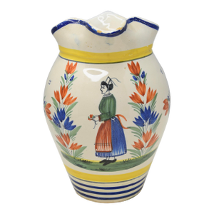 Antique Hand Painted France Henriot Quimper Faience Pottery Pitcher Jug
