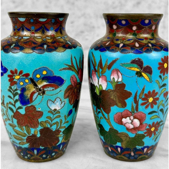 Paint Antique Chinese Cloisonne Turquoise Enamel & Brass Floral Vase - a Pair For Sale - Image 7 of 10