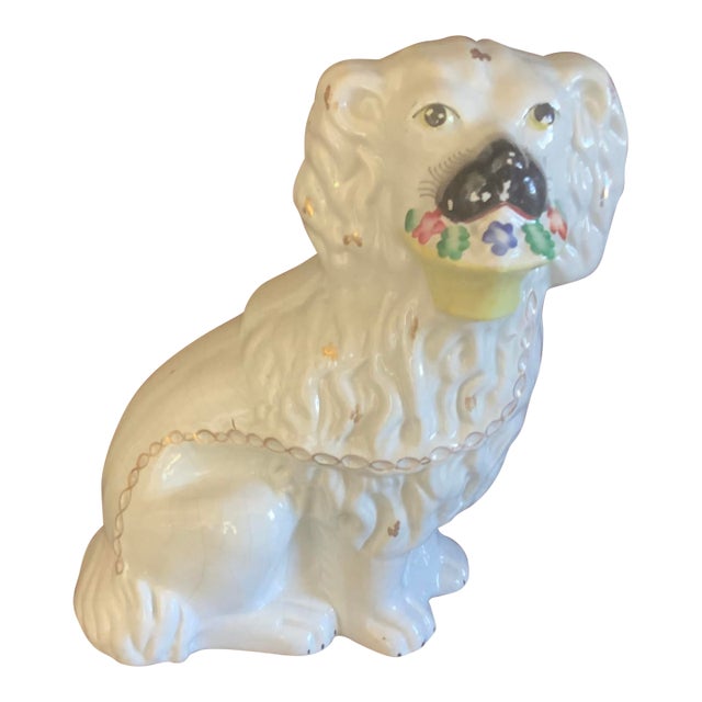 Large Vintage Staffordshire Basket Dog Figurine For Sale