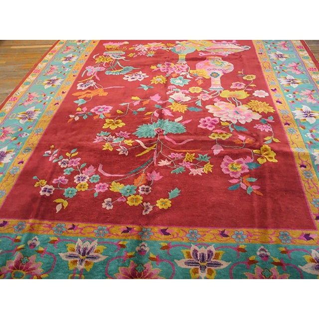 rectangle Chinese - Art Deco Antique Wool Coral Room Size 1920s Knotted Rug, Circa Date: 1920s. This exceptional piece...