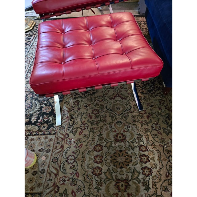 Attributed Knoll Barcelona Chair & Matching Ottoman – Early 1960s Chrome Frame, Custom Red Leather, Laurel Canyon Provenance For Sale - Image 9 of 15