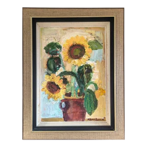 1972 Modern 'Sunflowers in Bloom' Original Swedish Expressive Impasto Still Life Oil Painting, Framed