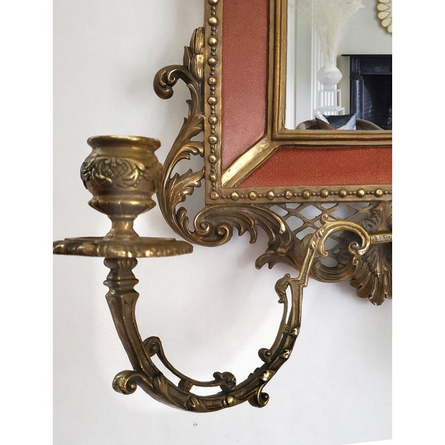 Beveled Wall Mirror With Candle Holders Faux Shagreen Red Porcelain & Brass Ormolu For Sale - Image 11 of 12