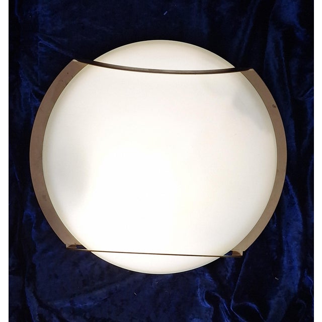 1990s Vintage Italian Flat Ceiling Lamp with Brass-Colored Metal Bracket and White Glass Shade, 1990s For Sale - Image 5 of 8