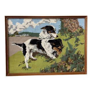 Vintage Needlework Terrier Framed Textile Art For Sale