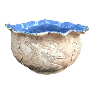 Winton and Rosa Eugene Etched Seven Faces Hand Thrown Pottery Bowl For Sale