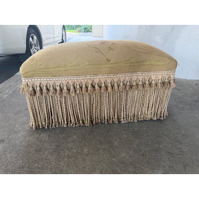 English Vintage Floral Needlepoint Upholstered Ottoman With Tassel & Bullion Fringe For Sale - Image 3 of 8