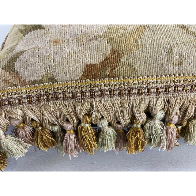 Textile Vintage Tasselled Floral Aubusson Tapestry Pillow For Sale - Image 7 of 9
