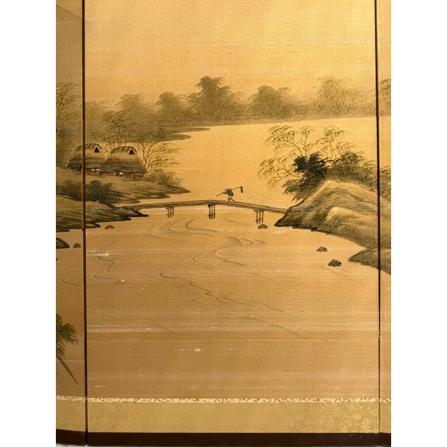 Wood Vintage Japanese Byōbu Hand-Painted Silk Landscape Folding Screen For Sale - Image 7 of 13