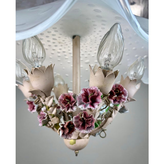 Murano 1950’s Italian Tole Chandelier With Murano Glass Shade Porcelain Flowers For Sale - Image 4 of 12