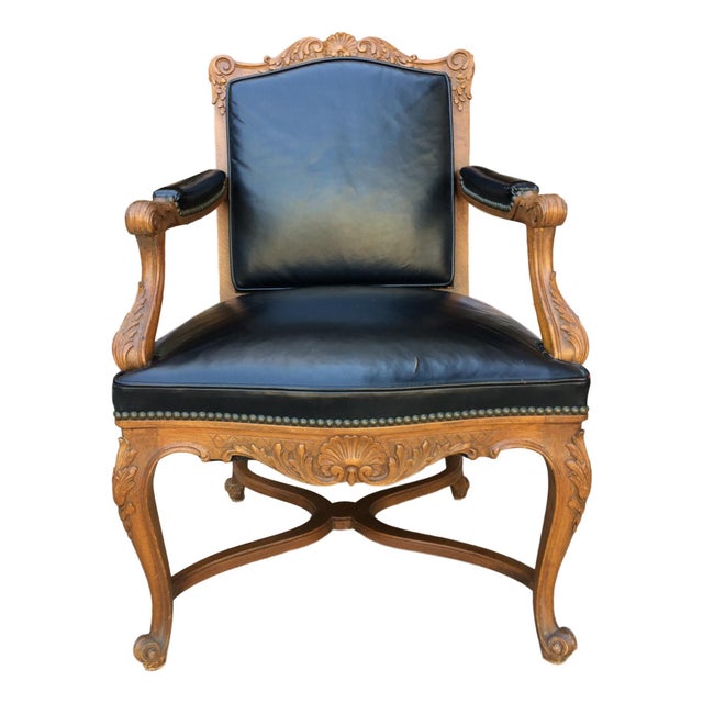 French Provincial 1960s Louis XV Style Leather Armchair For Sale - Image 3 of 9