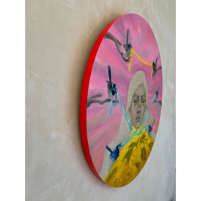 Mixed media art by Heidi Lustig, created in 2024. Graphite, acrylic, and oil on round wood panel, titled "Ring Around the...