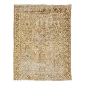 Persian Floral Mahal Wool Rug Vintage Handmade With Beige Field
