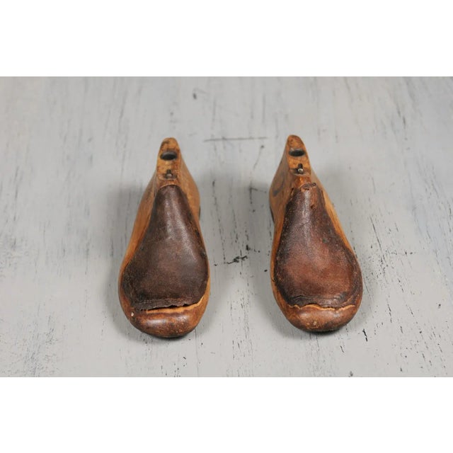 English Vintage Wood and Leather Handmade Cobbler's Shoe Lasts - A Pair For Sale - Image 11 of 12
