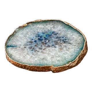 Large Blue Agate Geode Slice 11” Natural Crystal Slab Gold Edge For Sale