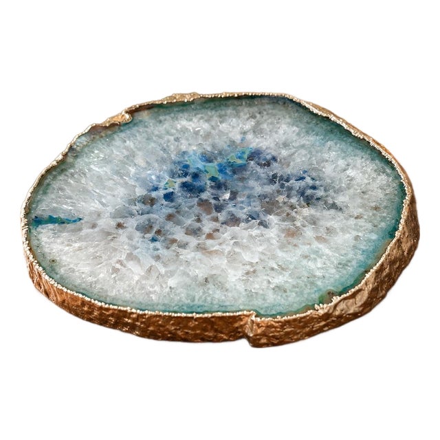 Large Blue Agate Geode Slice 11” Natural Crystal Slab Gold Edge For Sale