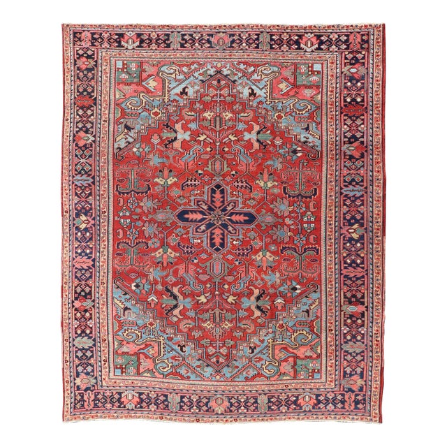 Antique Persian Heriz Serapi Rug With Central Medallion and Geometric Design 9'0 X 12'0 For Sale
